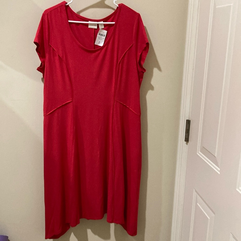 Red knit dress with cap sleeve and asymmetrical hem. NWT